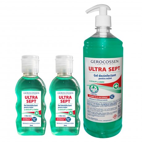 Pachet gel dezinfectant maini Biocid Ultra Sept: Gel dezinfectant 1 litru+2xGel dezinfectant 50 ml